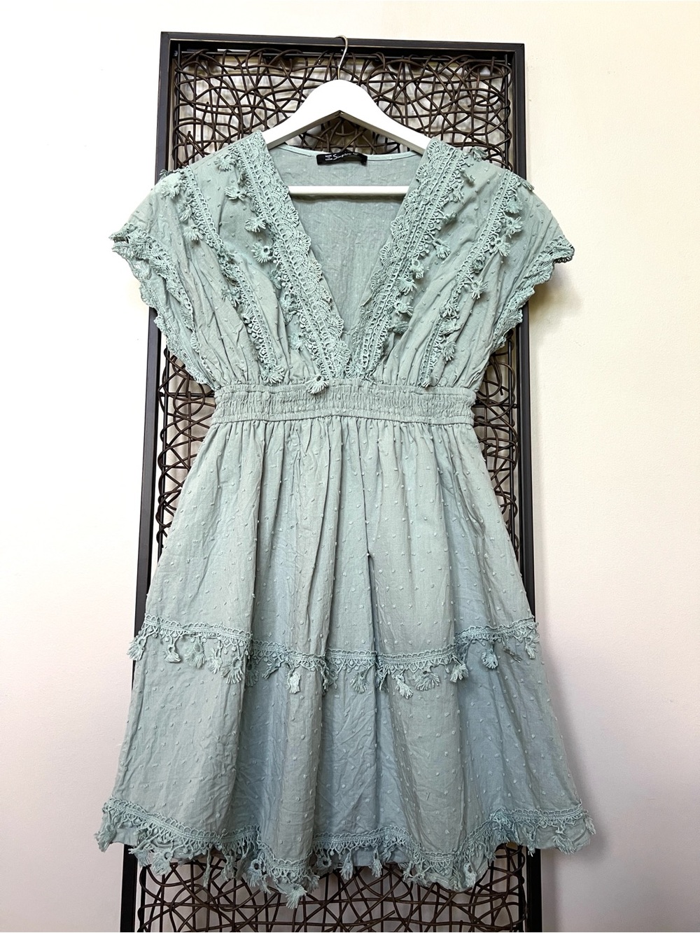 Simplee Cotton Blend Boho Cottage Mini Dress Flowy fitflare crochet Mint Green M